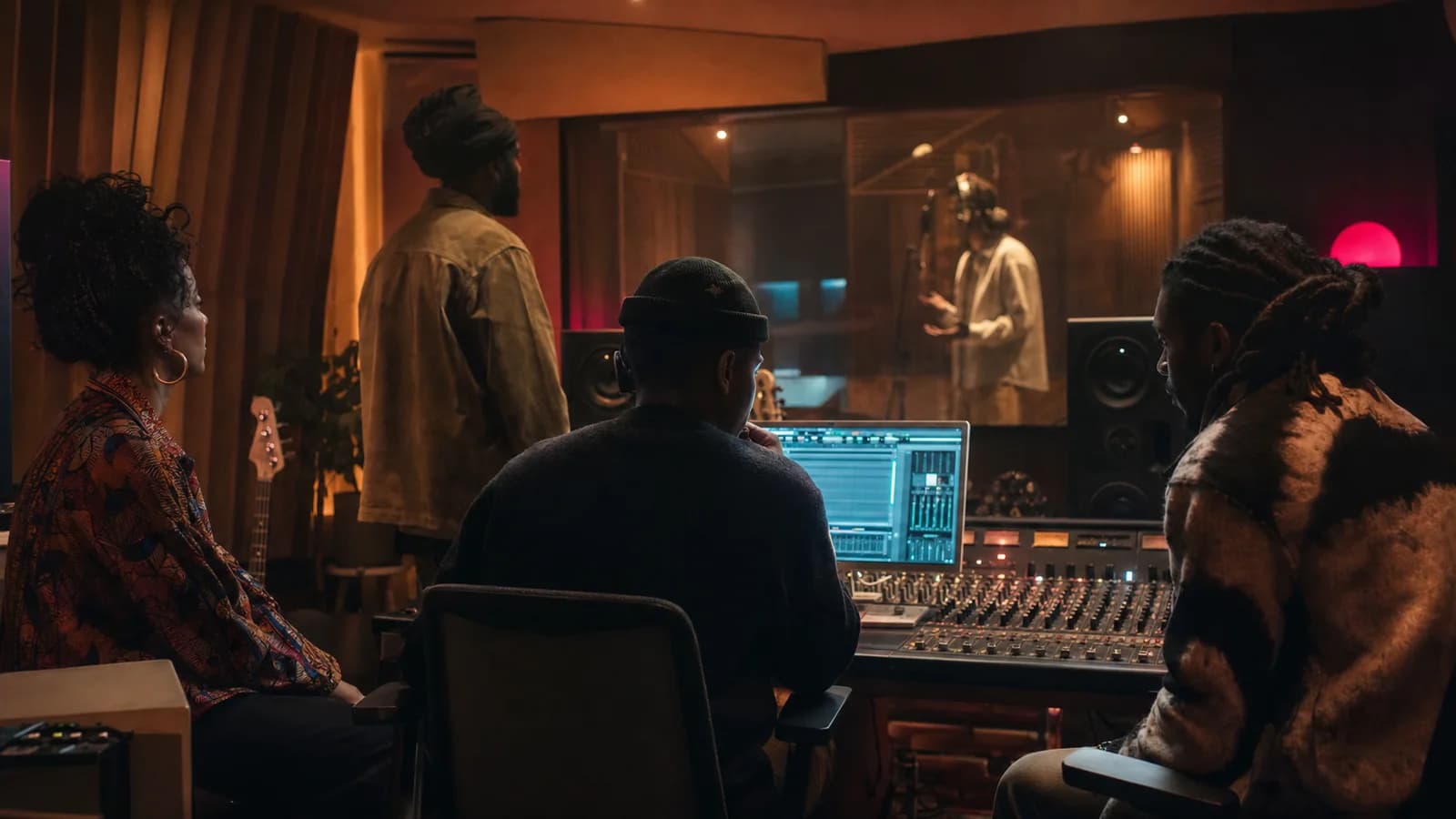 Artists and music professionals working together in a recording studio