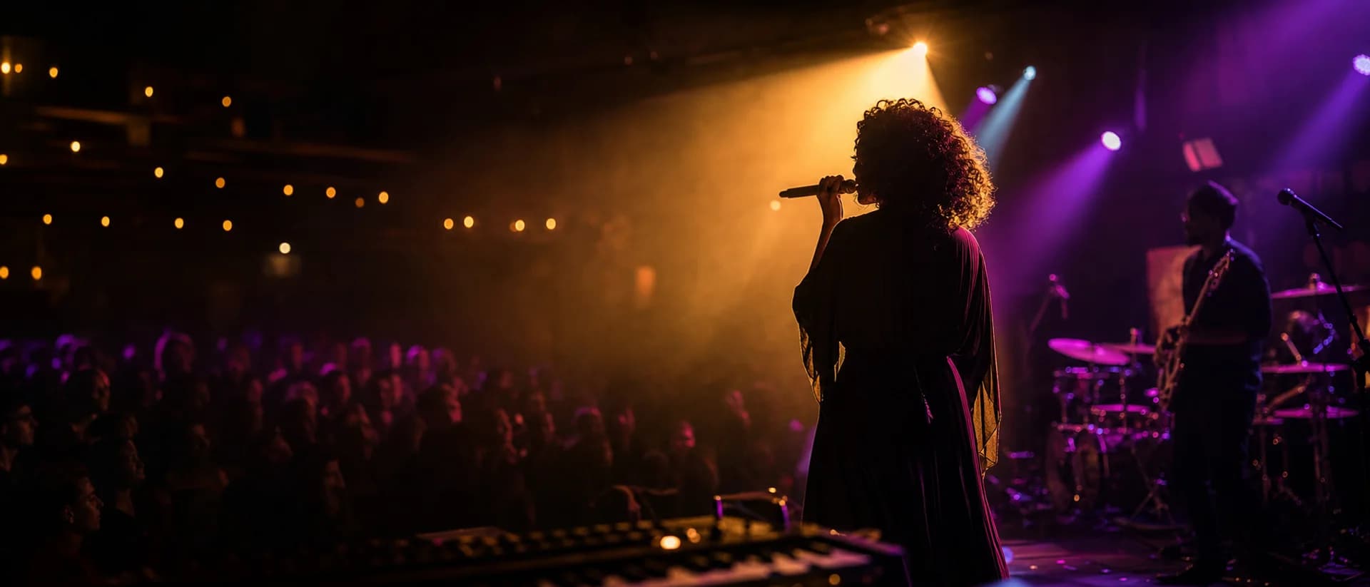 Independent artist performing live under stage lighting